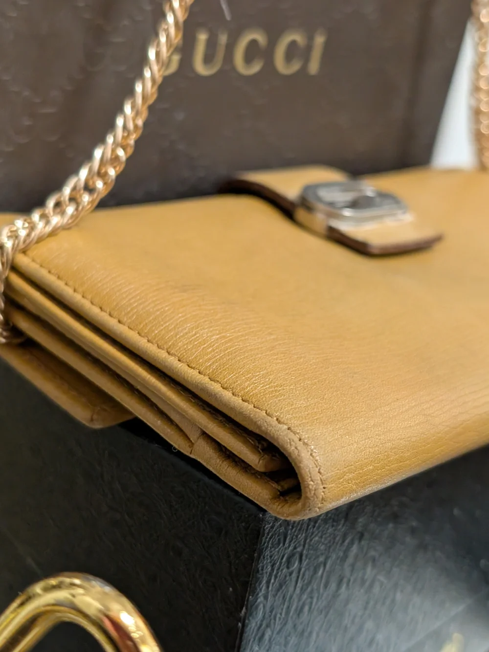 Gucci Camel Brown Leather Chain Crossbody Bag with Gold Hardware